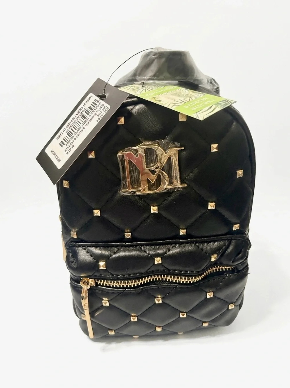 Badgley Mischka Black Quilted Mini Backpack Vegan Leather Studded Gold BM